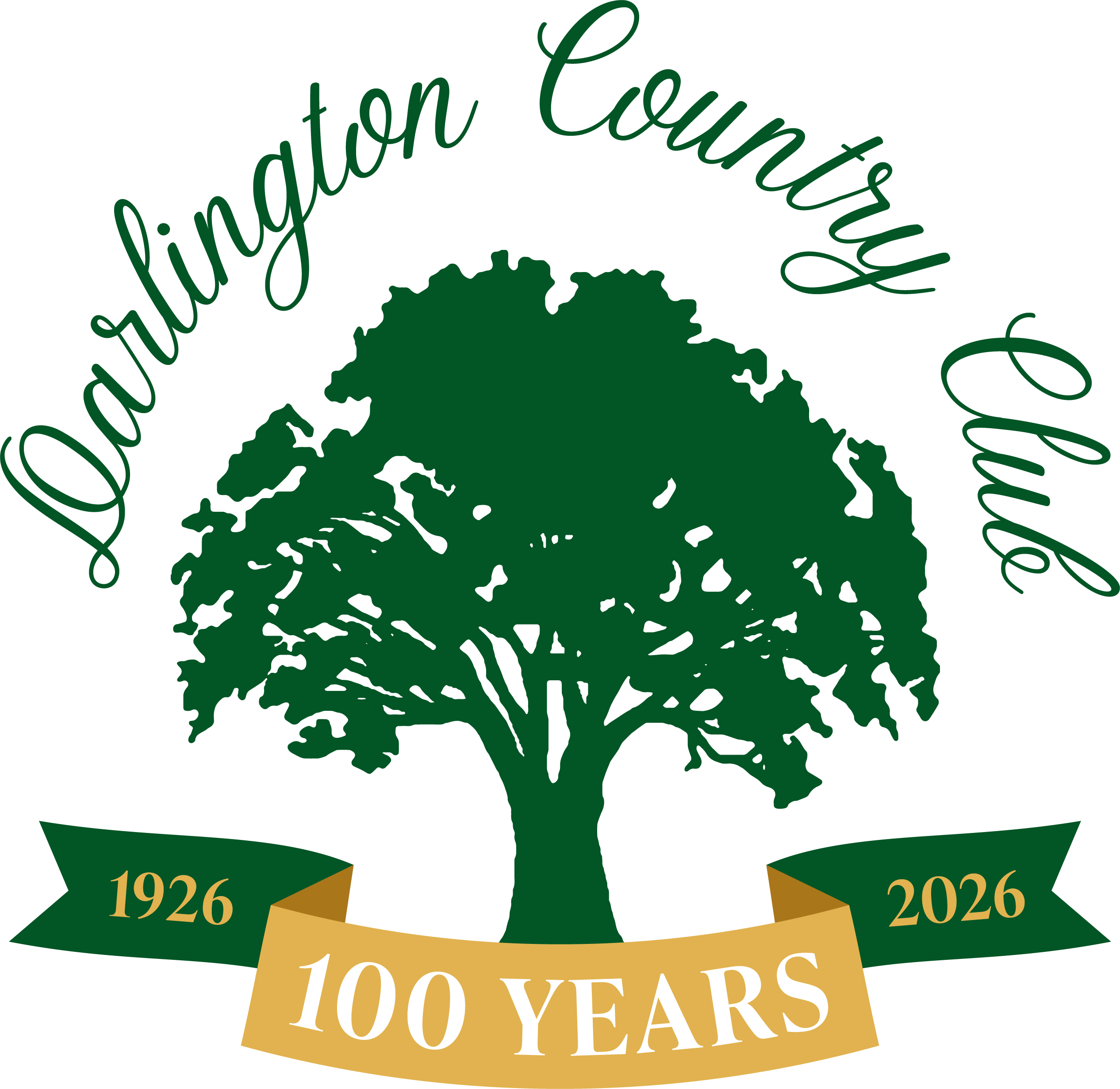 Green tree silhouette with “Darlington Country Club” text, and a gold ribbon stating “100 Years 1926-2026”.