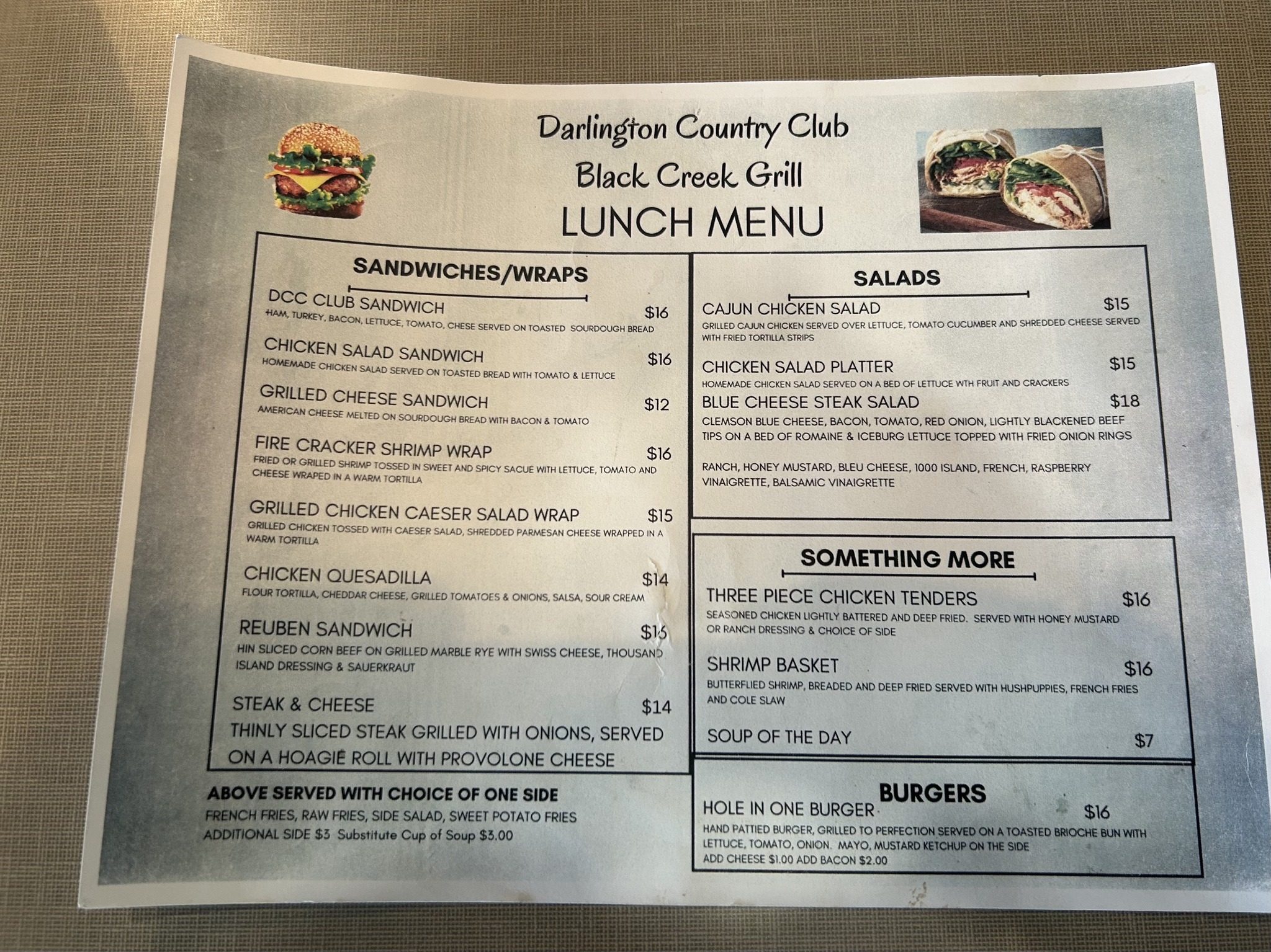 Darlington Country Club Black Creek Grill lunch menu offering sandwiches, salads, burgers, and sides.
