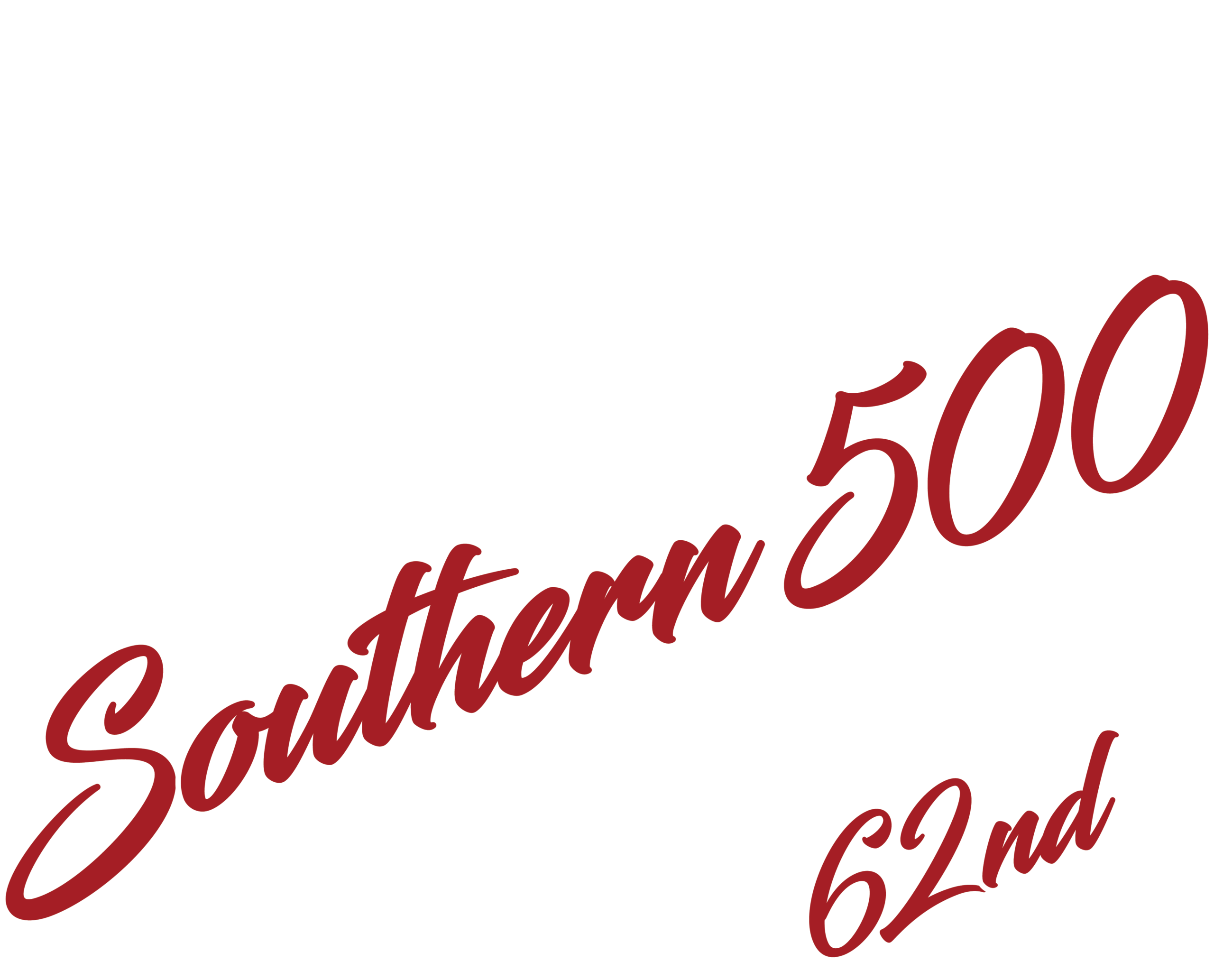 Red cursive text Southern 500 62nd over a white tree silhouette on a light background.