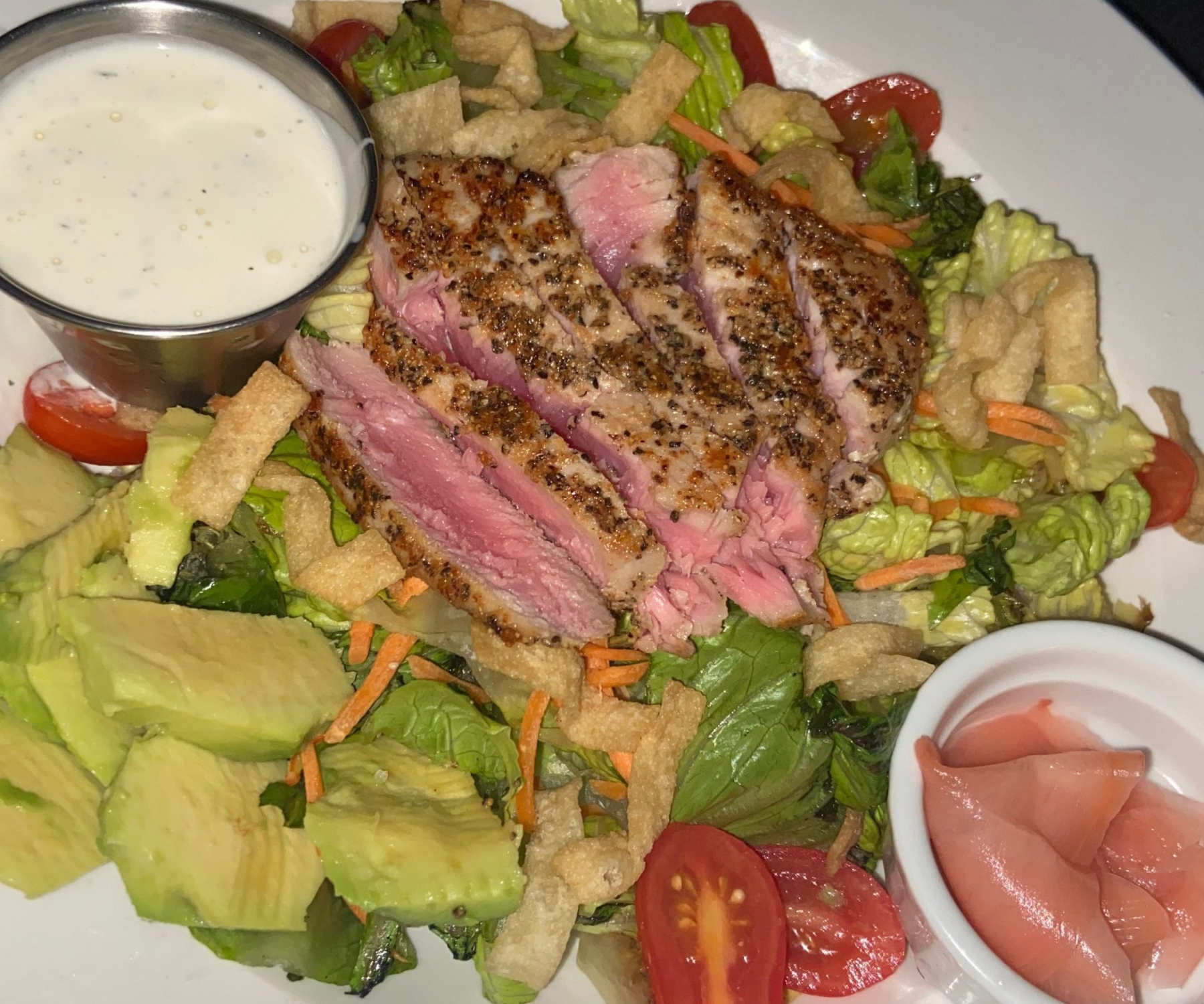 Close-up of seared ahi tuna salad at Darlington Country Club's dining area