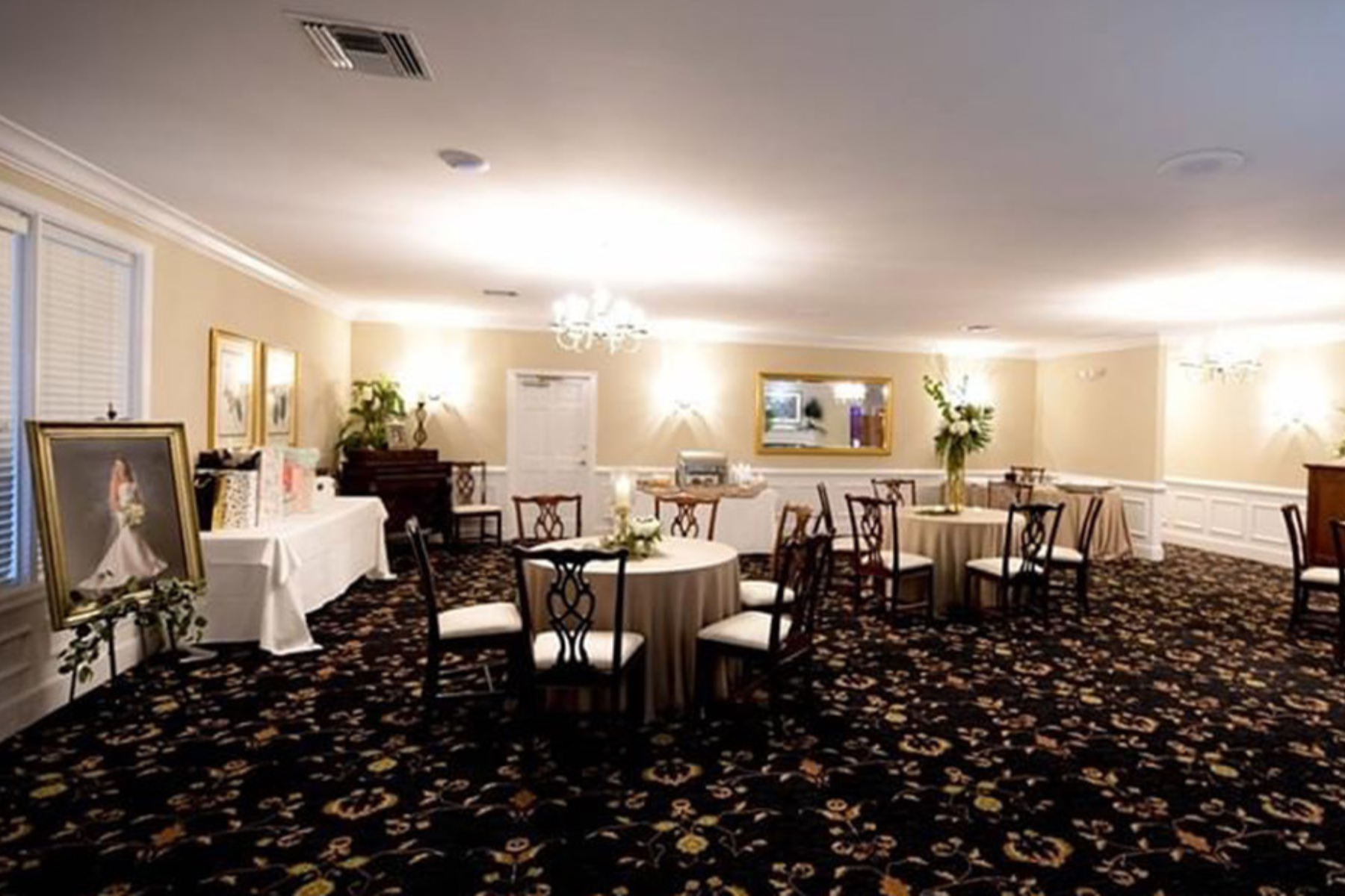 Upstairs dining room with luxurious tables, chairs, and flooring at Darlington Country Club